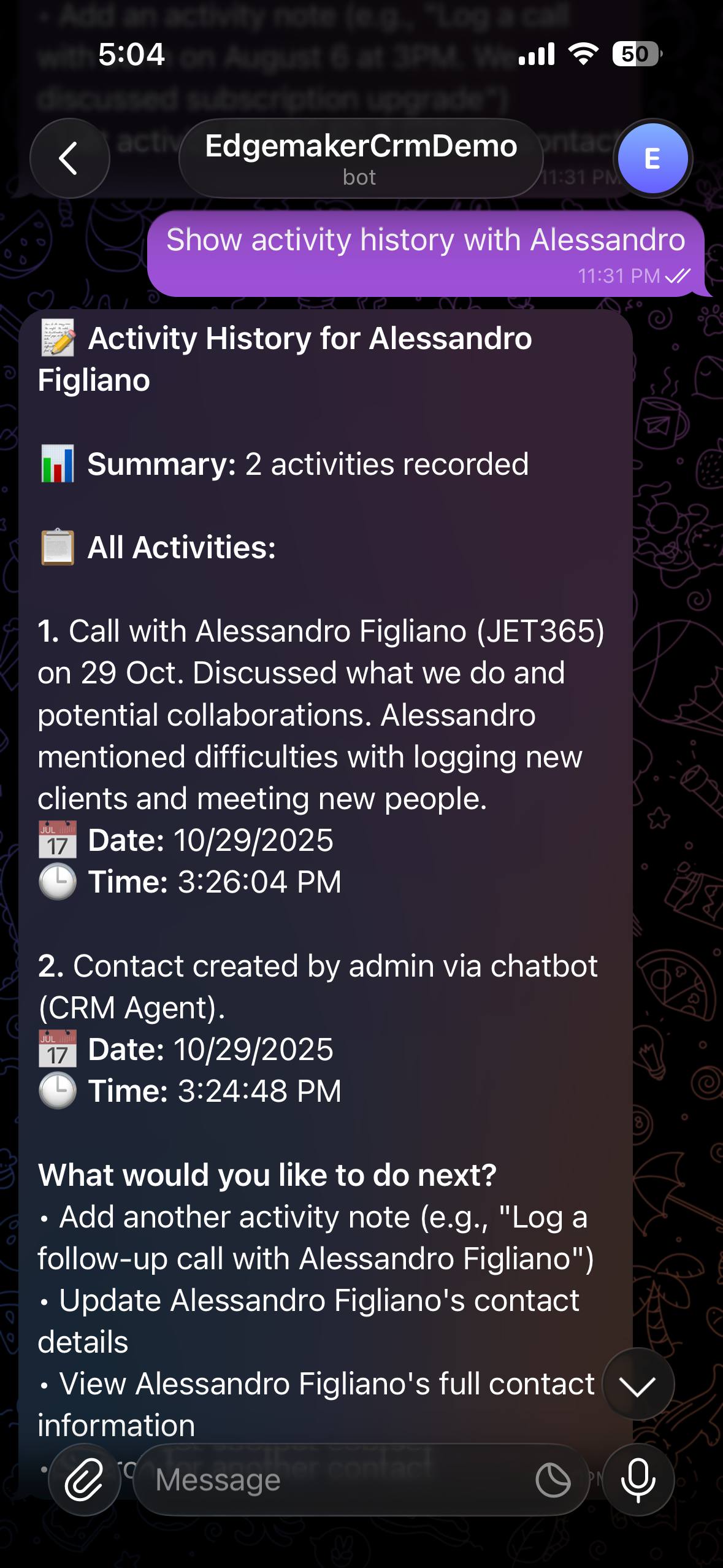 Activity History Chat